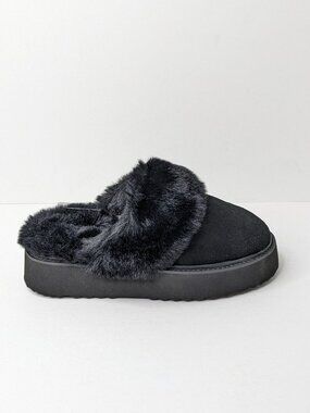 BCTEX Fuzzy Memory Foam Platform Slippers Black Women's 9